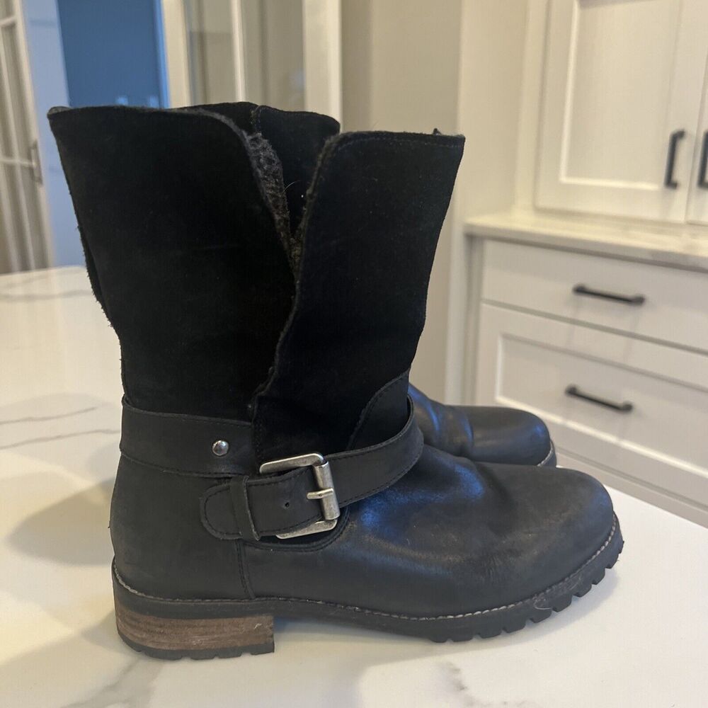 Fat Face Distressed Leather Moto boots Fur Buckle Black Sz 38 US 7